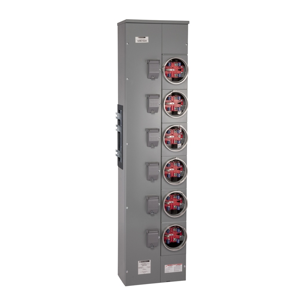 Schneider Branch unit, EZ Meter-Pak, 225A, 6 x 5 jaw sockets, 120/240VAC, no bypass, ringed, 1200A Cu busbar
